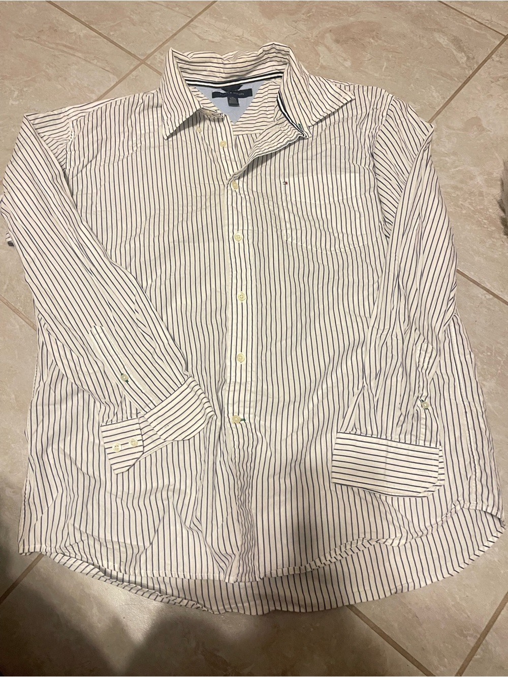Tommy Hilfiger White Shirt with Navy Pinstripes - Button-Down Dress Shirt